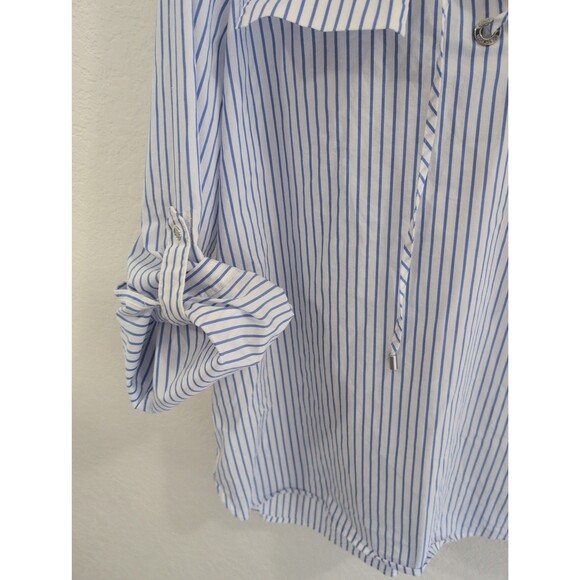 Calvin Klein Blue & White Striped Lace-Up V-Neck Long Sleeve Blouse XL - Picture 3 of 4
